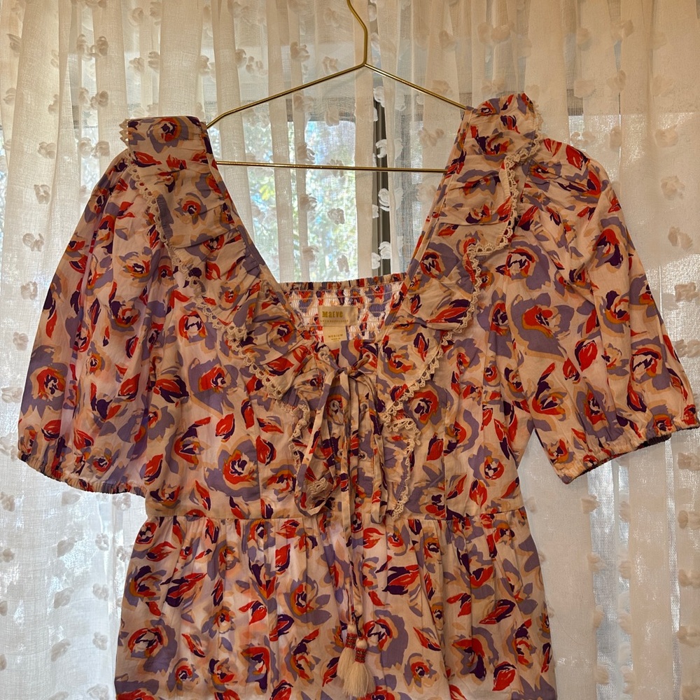 Anthropologie — Purple & Orange Puff Sleeve Smocked Blouse — Size Medium